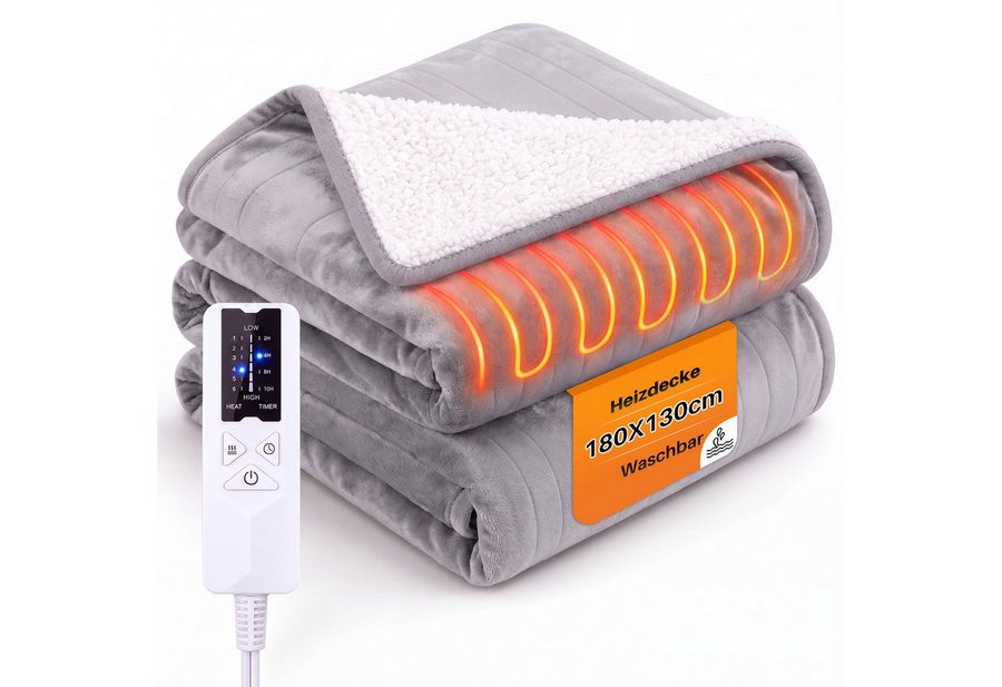 Ledklang Heizdecke Elektrisch Schwarz/Grau Timer Überhitzungsschutz Waschbar Wärmedecke, für das Bett das Sofa und beim Camping( 200x180 cm/180x130cm) , 1-tlg., 6-Stufen-Heizung & Zeitschaltuhr einfache Reinigung bei 30 °C. von Ledklang