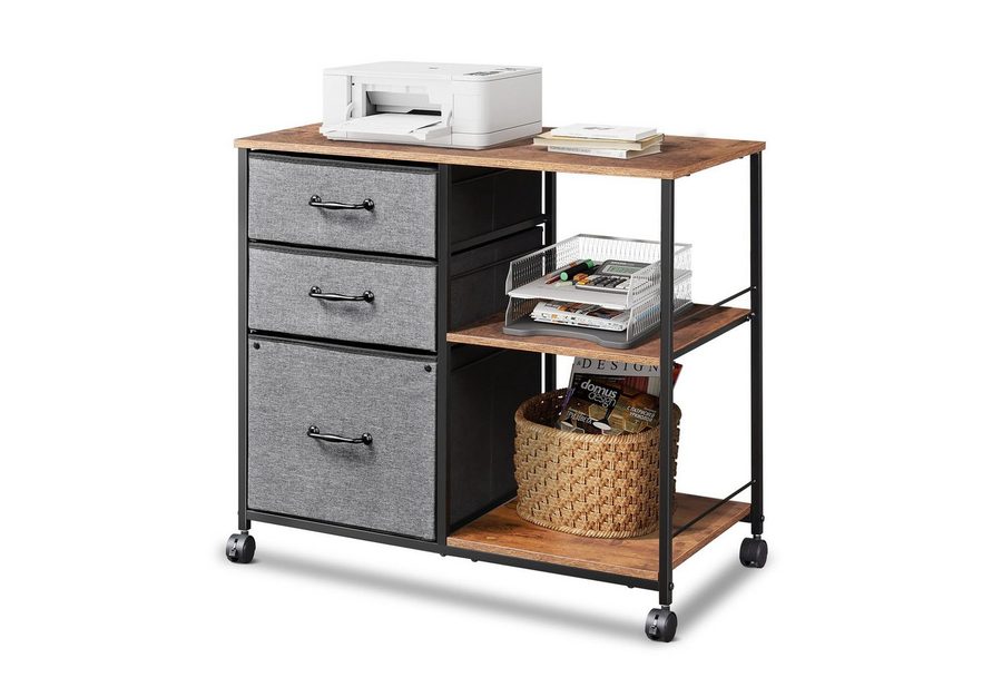 DEVAISE Aktenschrank Rollcontainer mit 3 Schubladen & 2 Ablagen, Mobiler Aktenschrank (Druckertisch für DIN A4/Legal/Letter, Breit 75cm) Schubladenschrank auf Rollen für Büro & Home Office von DEVAISE