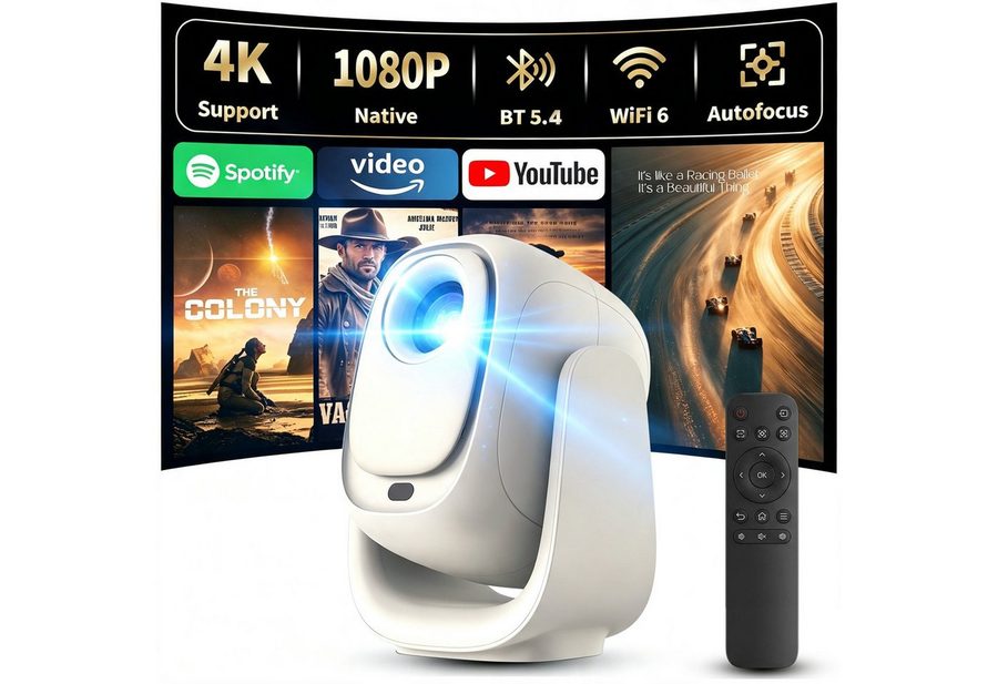 Fyrove Mini Beamer 4K Unterstützt,Beamer Integrierte APP,20000 Lumens Mini-Beamer (Automatische Trapezkorrektur,WiFi 6 180°Dreh Projektor Tragbar) von Fyrove