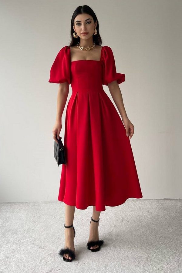 WOMAN VISION Midikleid Trägerloses, ausgestelltes Midikleid mit kurzen Ärmeln von WOMAN VISION