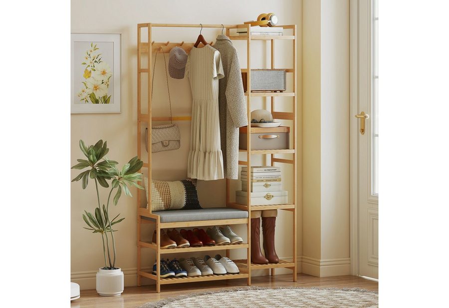 HOMCOM Garderobenständer Schuhbank, gepolstert, mit 2 Ablagen, Kleiderstange, Höhe 175 cm, (Kleiderständer, 1 St., Standgarderobe), für Wohnzimmer, Schlafzimmer, Naturholz von HOMCOM