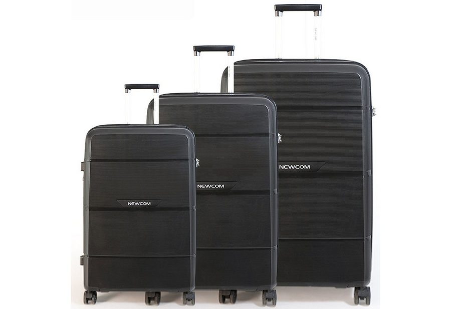 NEWCOM Trolleyset Hartschalenkoffer Set M/L/XL aus PP-Polypropylen, Erweiterbar, TSA, 4 Rollen, (Schwarz SET, 3 tlg., 55cm/66cm/75cm), leichter & robuster Reisekoffer Set, 54L/87L/129L von Newcom