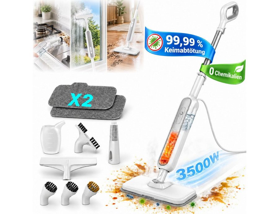 Fyrove Handdampfreiniger Dampfreiniger 3500W, 9-in-1, 99,99 % Keimabtötung, 0 Chemikalien, 3500 W, 15 Sekunden Aufheizzeit,120 °C Dampfbesen,3-stufige Temperaturregelung,für Boden,Teppich, Fliesen und Grill.[Energieklasse A+], Steam Cleaner für Auto, Küche, Badezimmer, Fliesen, Fenstern von Fyrove