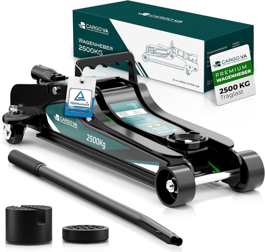 CargoVA® Rangierwagenheber Hydraulischer Wagenheber 2,5T inkl. 2 Gummiauflagen, TÜV zertifiziert, max. Hubhöhe: 38 cm, Wagenheber-Set, Wagenheber-Set inkl. Gummiauflagen, bis 2,5t, TÜV & GS geprüft von CargoVA®