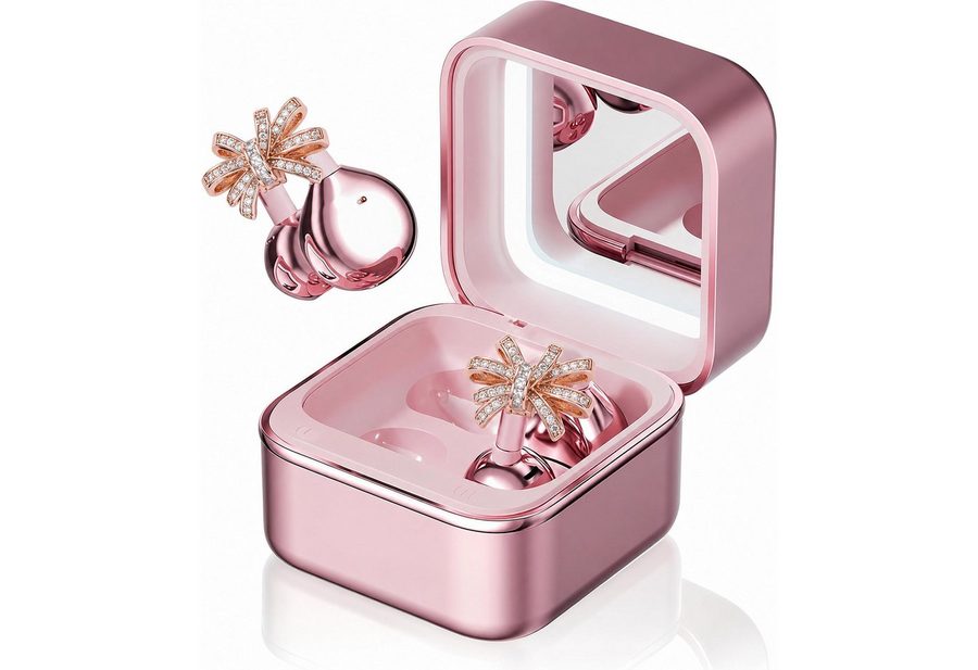 Futicare Kabellose Clip-On Bluetooth Kopfhörer mit Mikrofon,30 Std. Akku, IP56, Open-Ear-Kopfhörer (Bluetooth 6.0 Ohrclip Earbuds mit Spiegel-Ladebox, LED-Licht, abnehmbarem Schmuck, Geschenkidee für Damen) von Futicare