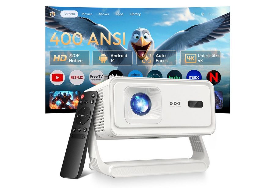 XGODY Gimbal A1 Smart Projektor – Android 14, WLAN 6, BT 5.4, Autofokus LCD-Beamer (400 lm, 10000:1, 3840 x 2160(400 ANSI Lumen) px, Auto-Trapezkorrektur, Tragbarer 8K-Filmprojektor) von XGODY