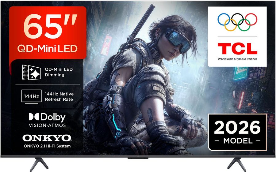 TCL 65T8DXB Mini-LED-Fernseher (164 cm/65 Zoll, 4K Ultra HD, Smart-TV, Google TV, QD-Mini LED, AiPQ Pro Prozessor, 144Hz, Dolby Atmos, Apple AirPlay 2) von TCL