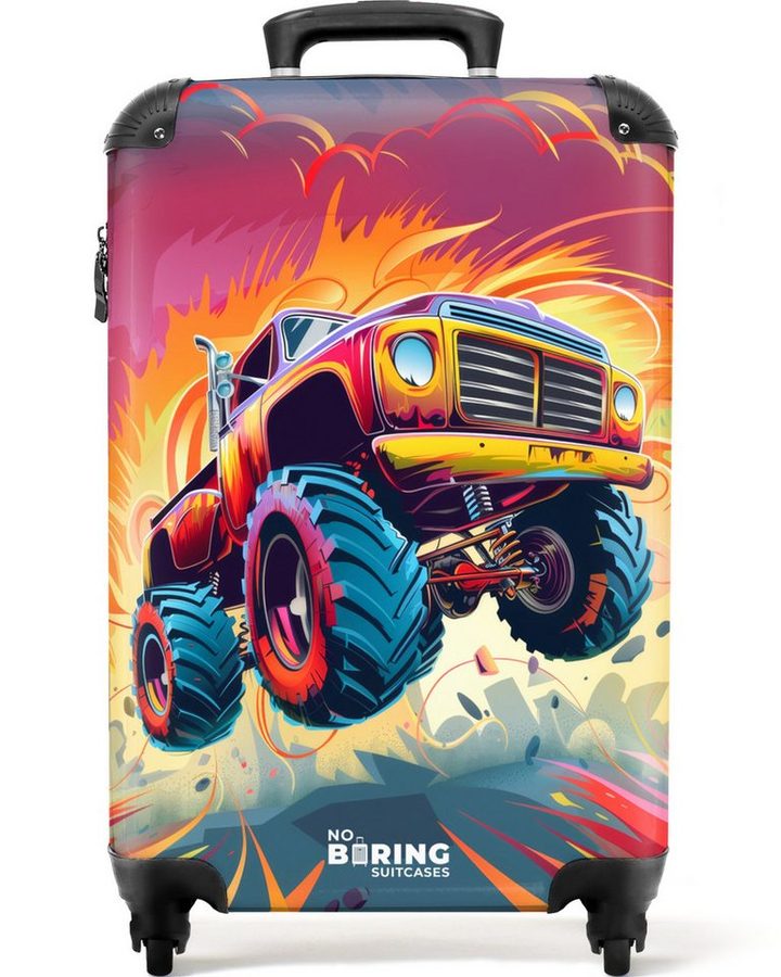 NoBoringSuitcases.com© Kinderkoffer Rosa Monstertruck fliegt über das Rollfeld 55x35x20cm, Kinder Koffer Klein, Trolley Handgepäck, Reisekoffer von NoBoringSuitcases.com©