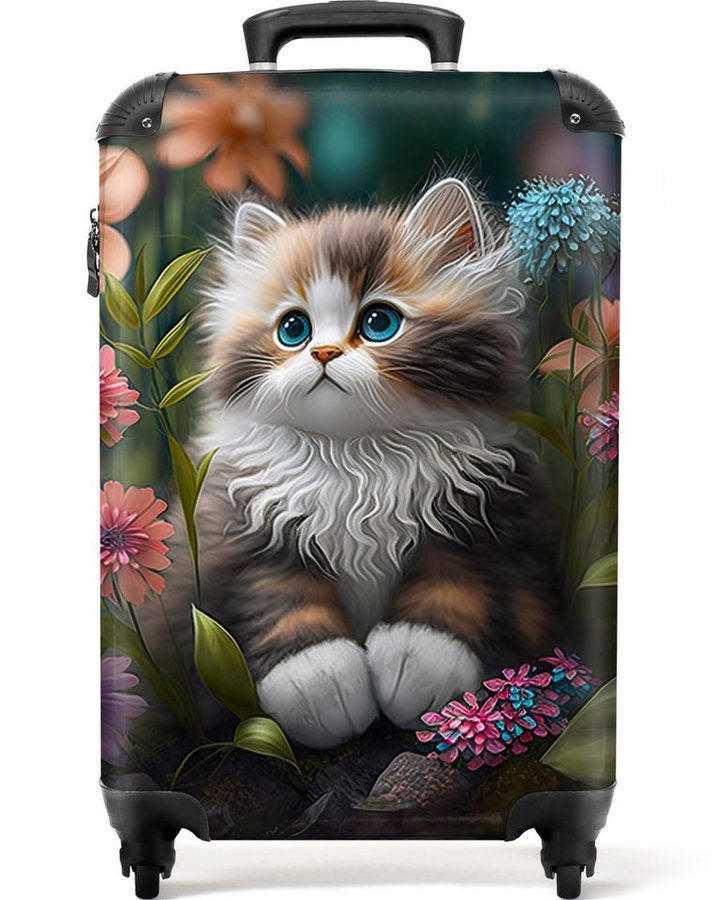 NoBoringSuitcases.com© Kinderkoffer Kätzchen - Illustration - Blumen - Natur - Katze 55x35x20cm, Reisetasche mit Rollen, Koffer Handgepäck Flugzeug von NoBoringSuitcases.com©
