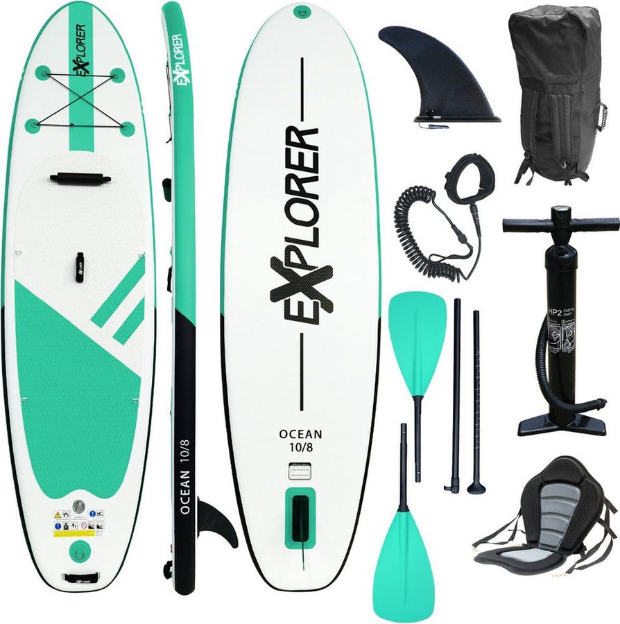 EXPLORER SUP-Board Ocean 10‘8“ Aufblasbares Stand Up Paddle Set (325x84x15cm), (Set, 8 tlg., incl. Zubehör, Kajaksitz, Fußschlaufe) von EXPLORER