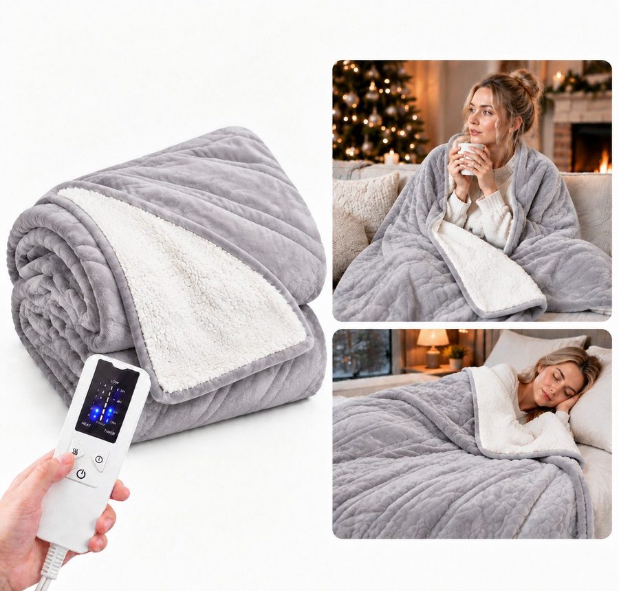 Ledklang Heizdecke Elektrisch Schwarz/Grau Überhitzungsschutz,Waschbare 200x180cm, für Bett, Sofa und Camping, 6-Stufen-Heizung & Zeitschaltuhr,Waschbar bei 30 °C von Ledklang
