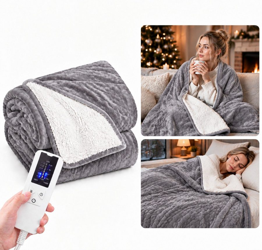 Ledklang Heizdecke Elektrisch Schwarz/Grau Überhitzungsschutz,Waschbare 200x180cm, für Bett, Sofa und Camping, 6-Stufen-Heizung & Zeitschaltuhr,Waschbar bei 30 °C von Ledklang