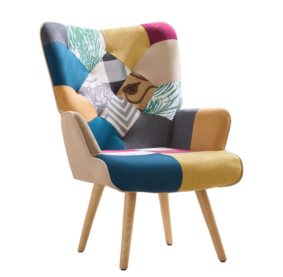 Aunekiv Sessel Patchwork-Sessel Ohrensessel aus Leinen mit Massivholz-Füßen (1-St), Relaxsessel für Wohnzimmer, Schlafzimmer & Leseecke von Aunekiv