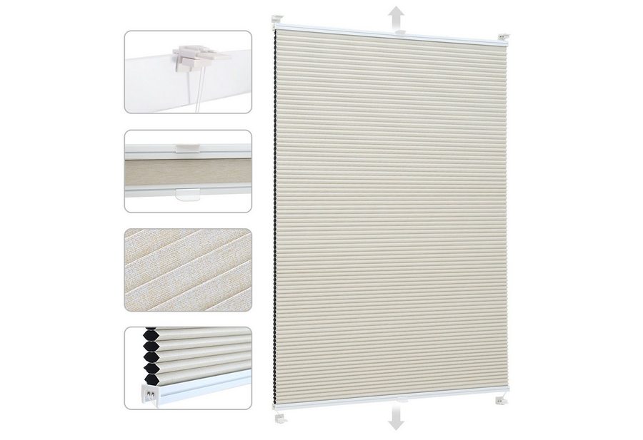 Sekey Wabenplissee Plissee ohne Bohren Verdunkelung Rollo 100% verdunkelnd Blickdicht, verdunkelnd, Klemmfix, Doppelseitige Schiene, Beige mit Textiloptik Thermo-Wabenplissee von Sekey