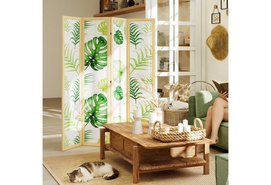 HOMCOM Paravent Sichtschutz aus Kiefernholz Trennwand mit Palmenblatt-Design (Tragbarer Sichtschutz, 1 St., 4-teilig Raumteiler), für Wohnzimmer, Arbeitszimmer, Naturholz+Grün von HOMCOM