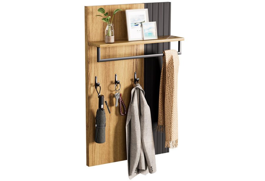 Yorbay Wandgarderobe Garderobenpaneel mit Haken und Ablage, optional mit Schuhbank (60 x 16.5 x 100 cm), Holzoptik Schwarz für Flur von Yorbay
