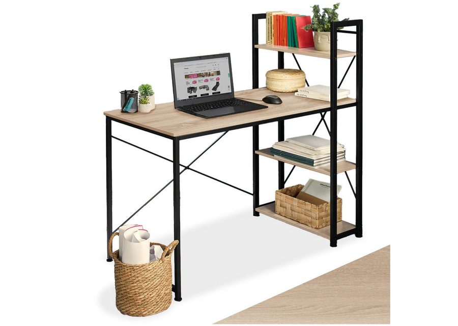 tectake Schreibtisch Computertisch, höhenverstellbare Kunststofffüße, 122 x 61 x 120 cm (Arbeitstisch Hershey, 1-St., in Industrial Holz hell, Eiche Sonoma), Holz und Stahl, integriertes Regal mit 3 Ablagefächern von TECTAKE
