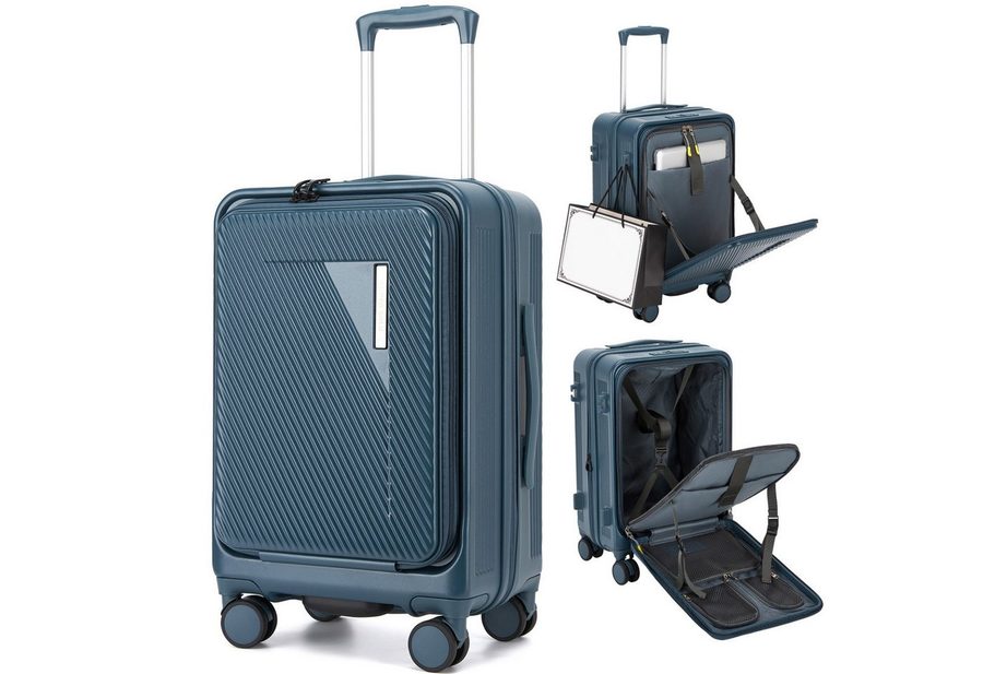 Super Solu Handgepäck-Trolley Hartschalenkoffer 55cm PC erweiterbar mit Frontöffnung & Laptopfach, 4 Rollen, Reisekoffer mit TSA-Schloss & 4 x 360° Doppelrollen, Blau von Super Solu