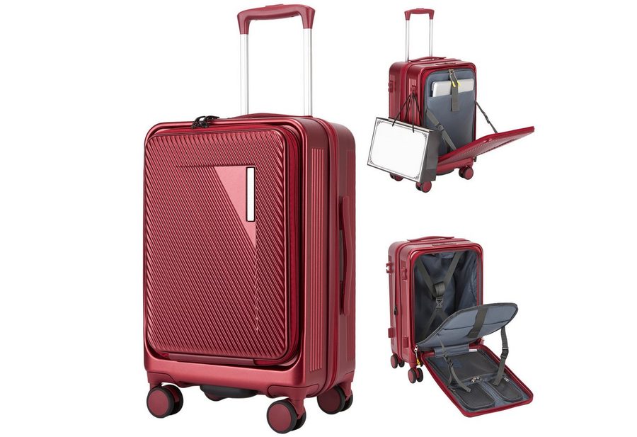 Super Solu Handgepäck-Trolley Hartschalenkoffer 55cm PC erweiterbar mit Frontöffnung & Laptopfach, 4 Rollen, Reisekoffer mit TSA-Schloss & 4 x 360° Doppelrollen, Rot von Super Solu