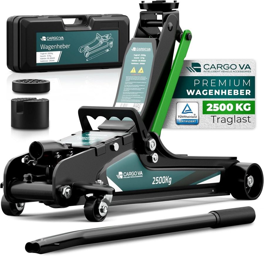 CargoVA® Rangierwagenheber Hydraulischer Wagenheber 2,5T inkl. 2 Gummiauflagen, TÜV zertifiziert, max. Hubhöhe: 38 cm, Wagenheber-Set, Wagenheber-Set inkl. Gummiauflagen, bis 2,5t, TÜV & GS geprüft von CargoVA®