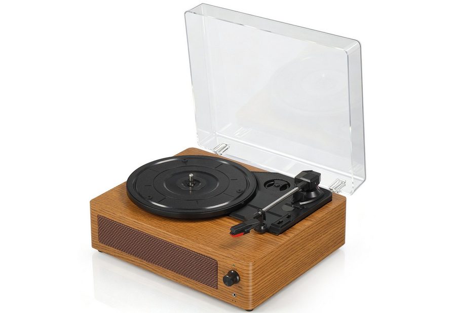 LALAHO Retro‑Plattenspieler mit integrierten Lautsprechern, Bluetooth‑Eingang Plattenspieler (integrierte Lautsprecher, AUX‑ & RCA‑Anschluss, Staubschutzhaube) von LALAHO