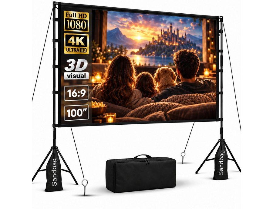 LEMLIT Beamer Leinwand 100/120 Zoll mit Stativ, Outdoor Projektorleinwand Stativleinwand (16:9 4K HD Faltbare leinwand Beamer mit Tragetasch für Heimkino) von LEMLIT