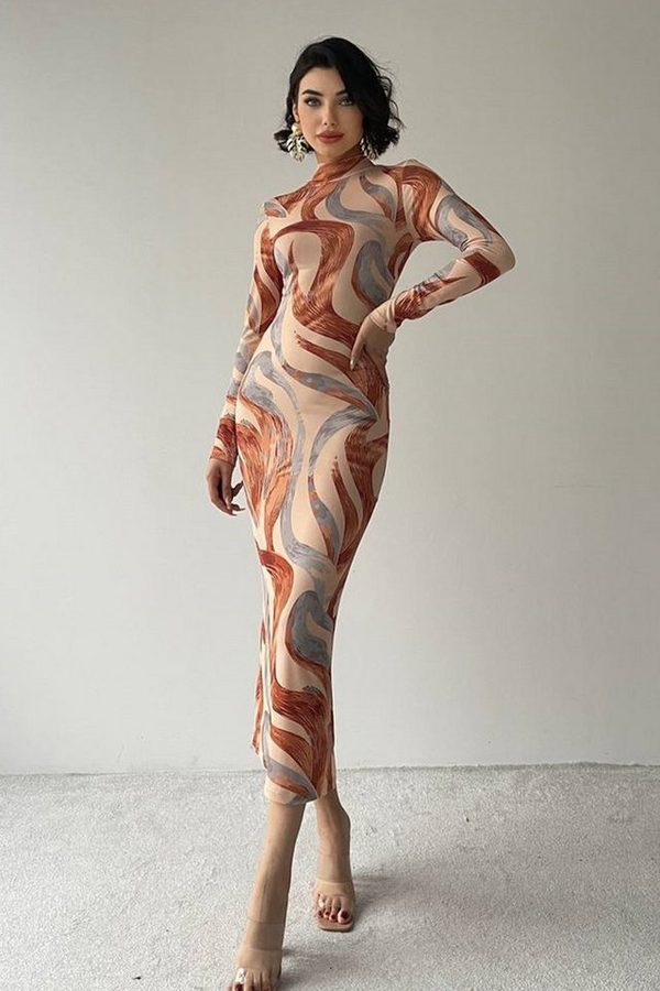 WOMAN VISION Abendkleid Midikleid mit geometrischem Muster und Digitaldruck, hohem Kragen von WOMAN VISION