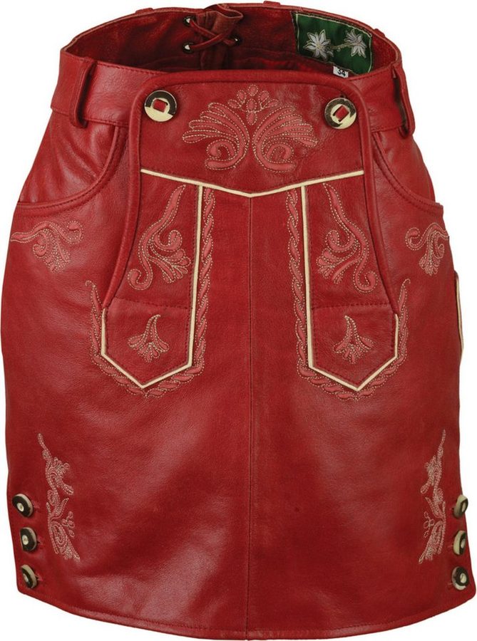 Fuente Leather Wears Trachtenrock Vintage Trachten Lederrock Damen, kurz, Nappa-Leder, rot schwarz antik Latz von Fuente Leather Wears
