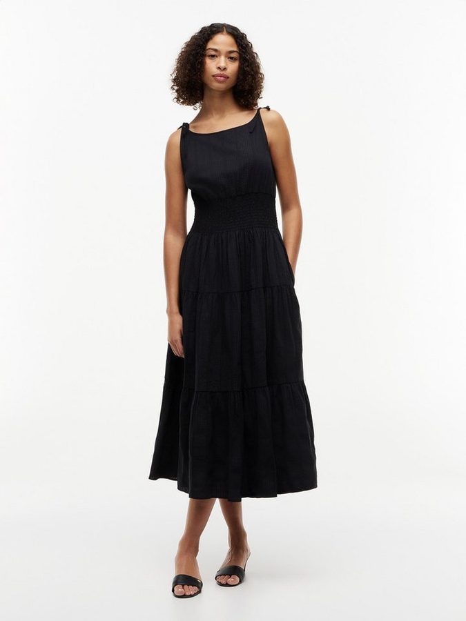 Tommy Hilfiger Trägerkleid SMOCK TIE NS MIDI DRESS Baumwollmischung, Smok-Einsatz von Tommy Hilfiger