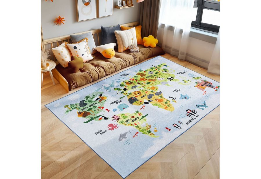SIMPEX24 Teppich Weltkarte mit Tier Design, Rechteckig, Höhe: 7 mm, Kinderteppich Weltkarte mit Tierdesign Teppich Kinderzimmer Rutschfest von SIMPEX24