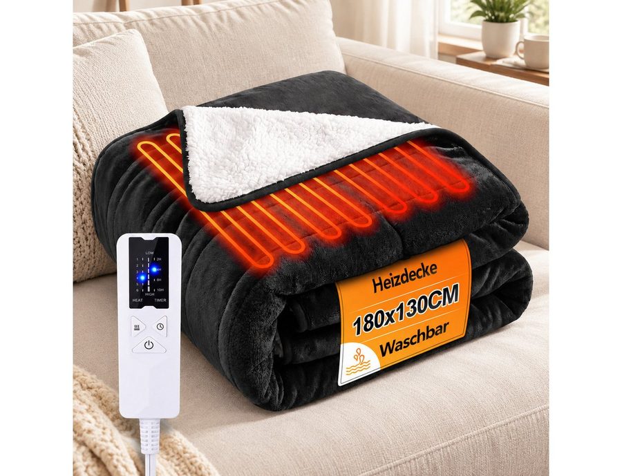 Nettlife Heizdecke Elektrisch mit 6 Heizstufen & Timer,Waschbare,Schwarz, für Bett, Sofa & Camping( 200x180 cm/180x130cm) , mit Überhitzungsschutz,Einfache Reinigung von Nettlife