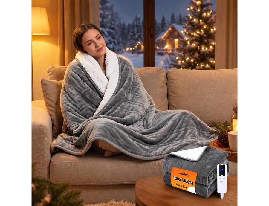 Nettlife Heizdecke elektrisch wärmedecke,mit Überhitzungsschutz & 6-Stufen-Heizung, für Bett Sofa Büro,180x130 & 200x180 cm, 6-Stufen Heizung & Zeitschaltuhr Einfache Reinigung (30°C) von Nettlife
