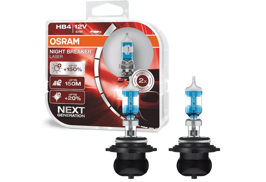 Osram KFZ-Ersatzleuchte 2x Osram HB4 Night-Breaker Laser 12V 51W P22d, 2 St., Kaltweiß, Duo Box Xenon Look Effekt Halogen-Birnen Scheinwerfer-Lampe von Osram