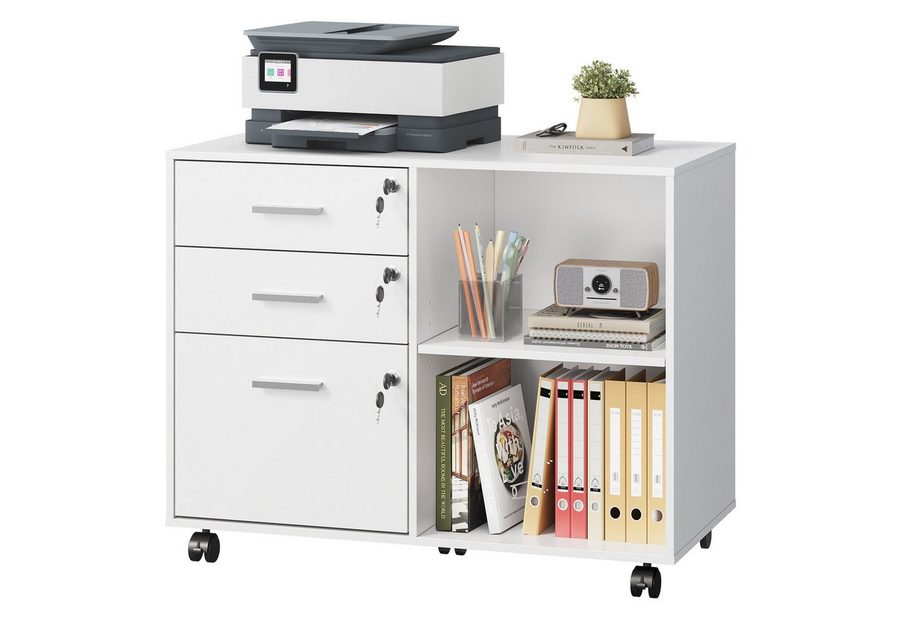 DEVAISE Aktenschrank Rollcontainer mit 3 abschließbaren Schubladen & offenem Fach, (80×40×63 cm) mobiler Aktenschrank auf Rollen, Hängeregistratur Letter von DEVAISE