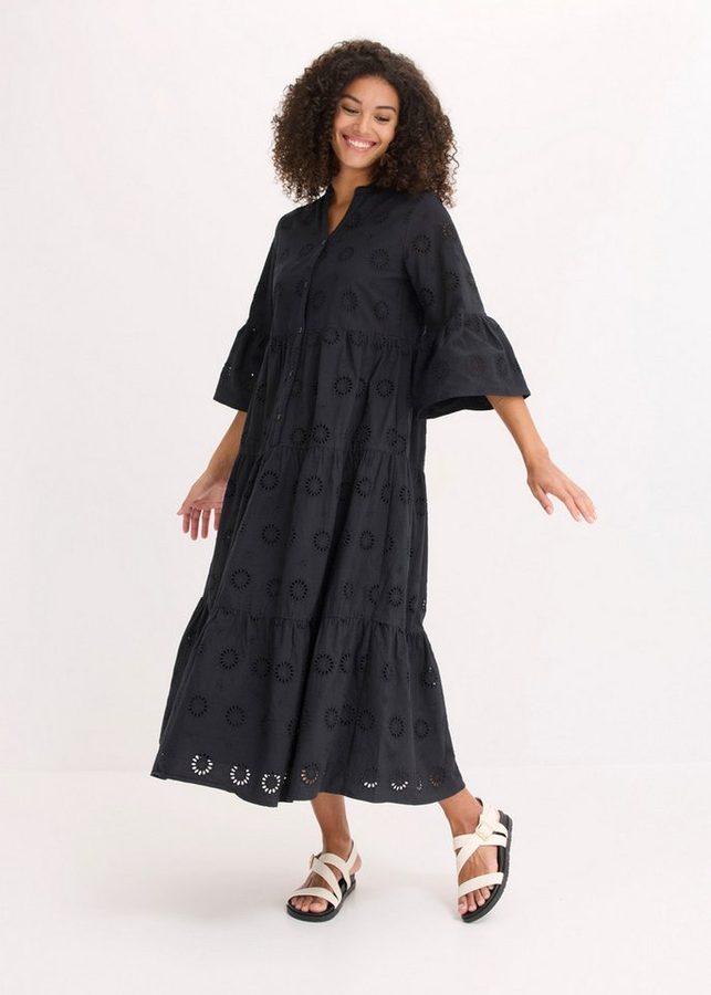 bonprix Midikleid aus reiner Baumwolle, A-Linien-Passform, 3/4-Ärmel, mit Stehkragen von bonprix