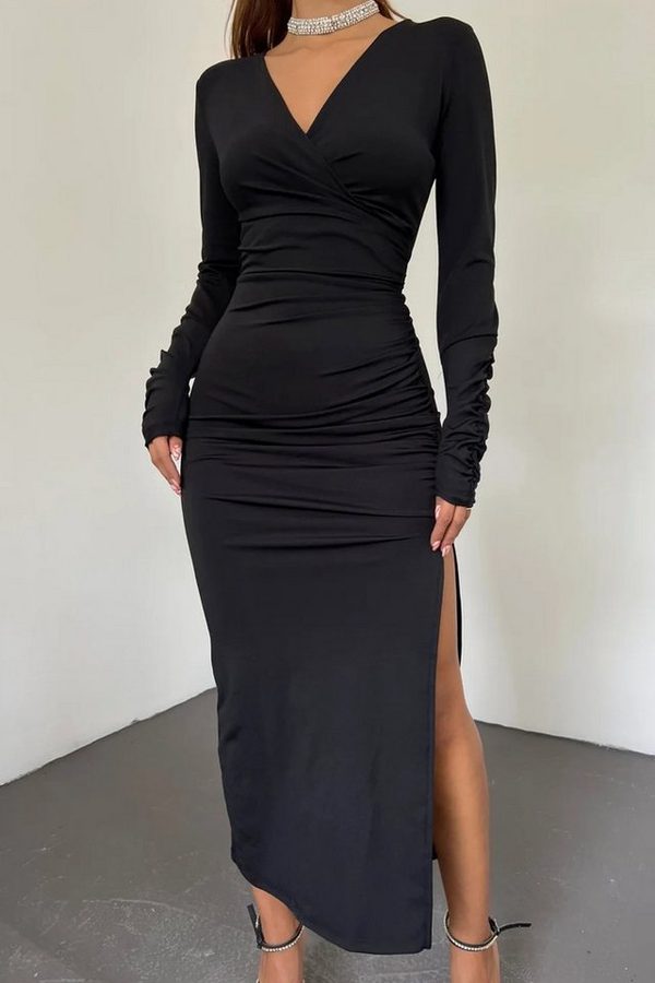 WOMAN VISION Midikleid Wickelkleid mit Schlitz und langen Ärmeln von WOMAN VISION
