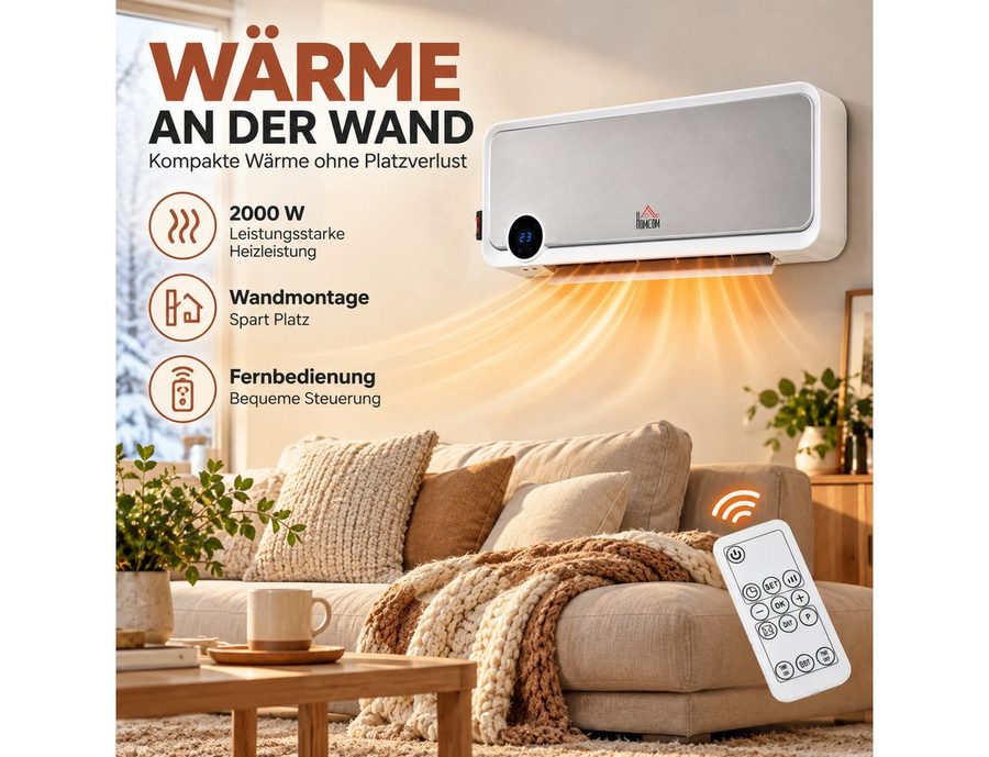MIBODE Heizlüfter Heizlüfter Wandmontage 2000W mit Fernbedienung LED-Display 12h Timer, platzsparende Wandmontage, 30° Oszillation, Fernbedienung bis 5 m von MIBODE