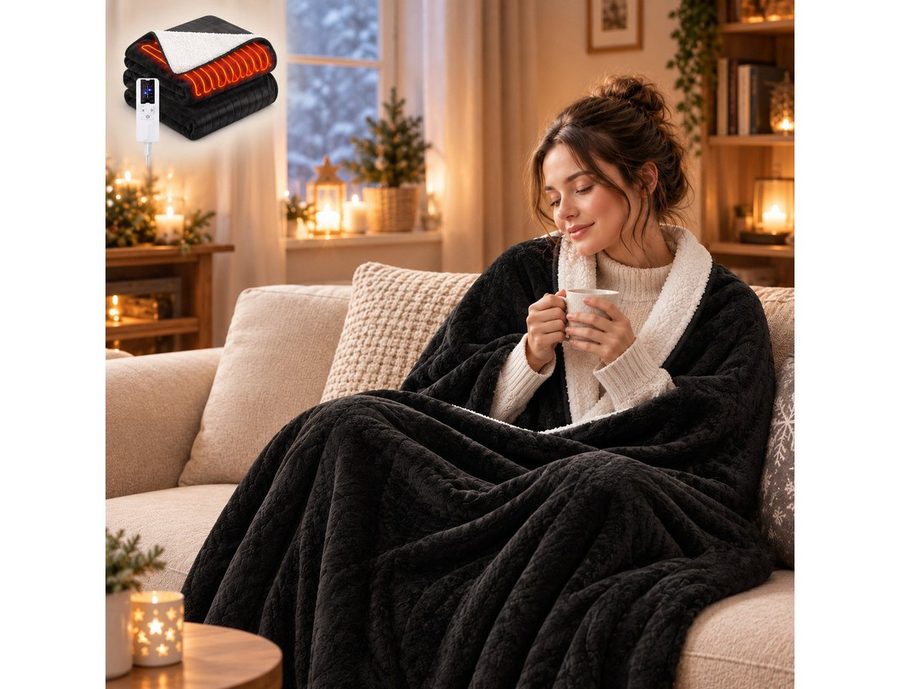 Ledklang Heizdecke Elektrische 180x130cm,Schwarz/Grau,Überhitzungsschutz,Waschbare, 6 Heizstufen, Timer & waschbar bei 30 °C, für Sofa Bett Couch Weiche Flanell-Heizdecke Wohnzimmer Schlafzimmer von Ledklang