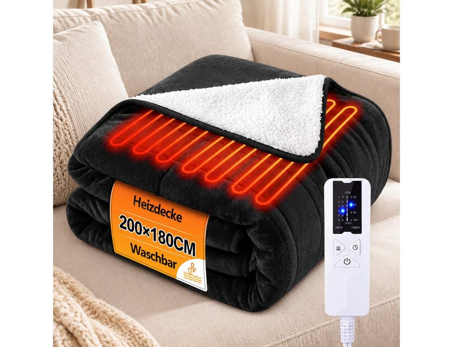 Nettlife Heizdecke Elektrisch mit 6 Heizstufen & Timer,Waschbare,Schwarz, für Bett, Sofa & Camping( 200x180 cm/180x130cm) , mit Überhitzungsschutz,Einfache Reinigung von Nettlife