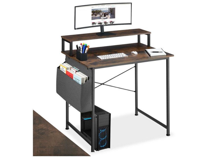 tectake Schreibtisch Bürotisch mit Monitorständer und Aufbewahrungstasche, 80 x 55 x 90 (Arbeitstisch mit Ablage Everett, 1-St., in Industrial Holz dunkel, rustikal), Holz und Stahl, mit höhenverstellbaren Kunststofffüßen von TECTAKE