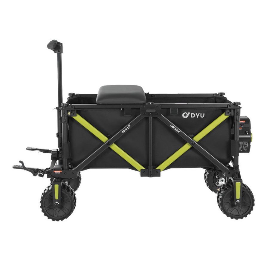 DYU Bollerwagen DYU campX Elektro-Bollerwagen faltbar 150 kg schwarz (Komplettset, Inkl. 36-V-8-Ah-Akku, Ladegerät, Sitzplatte, Bodenplatte und Anleitung), Elektroantrieb, faltbar, Fahr- und Ziehmodus, bis 12 km/h von DYU