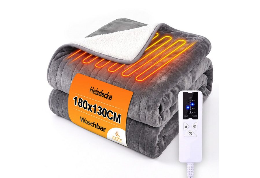 Ledklang Heizdecke Elektrisch Schwarz/Grau Timer Überhitzungsschutz Waschbar Wärmedecke, für das Bett das Sofa und beim Camping( 200x180 cm/180x130cm) , 1-tlg., 6-Stufen-Heizung & Zeitschaltuhr einfache Reinigung bei 30 °C. von Ledklang