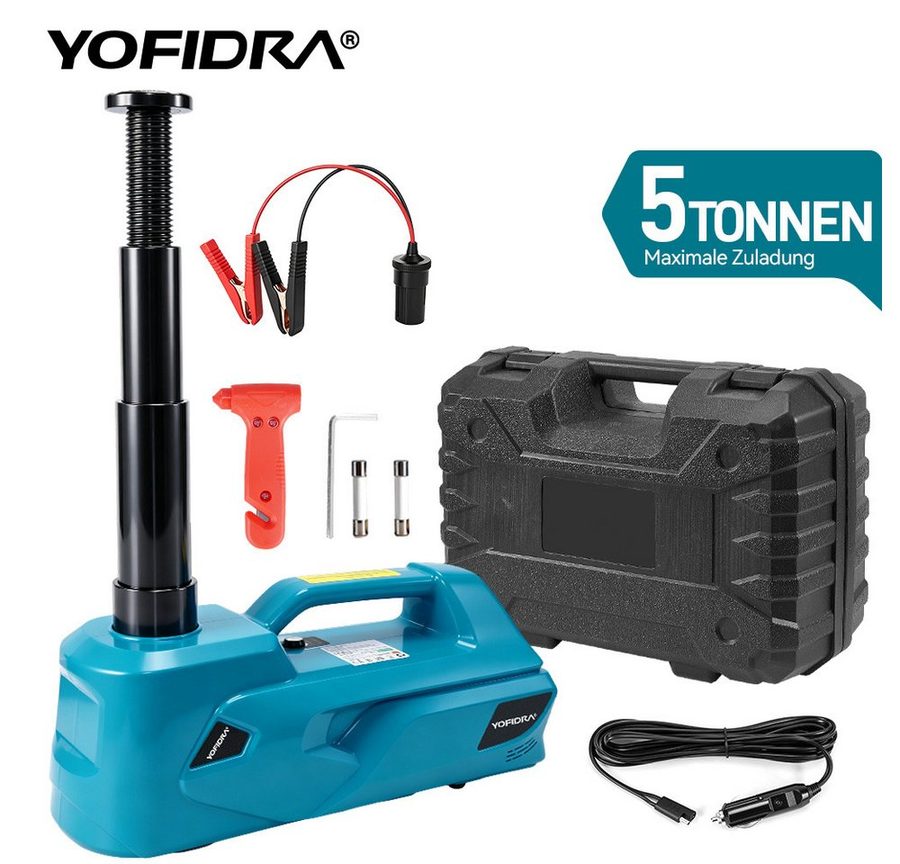 Yofidra Wagenheber Elektrischer hydraulischer Wagenheber 5T, 180 W, 12V Autoheber mit LED, max. Hubhöhe: 53 cm, 1-tlg., Sicherheitsventil & Komplett-Set für PKW, SUV, MPV und LKW von Yofidra
