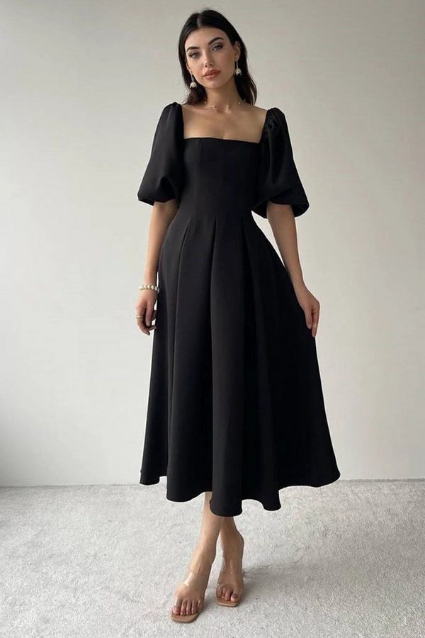 WOMAN VISION Midikleid Trägerloses, ausgestelltes Midikleid mit kurzen Ärmeln von WOMAN VISION
