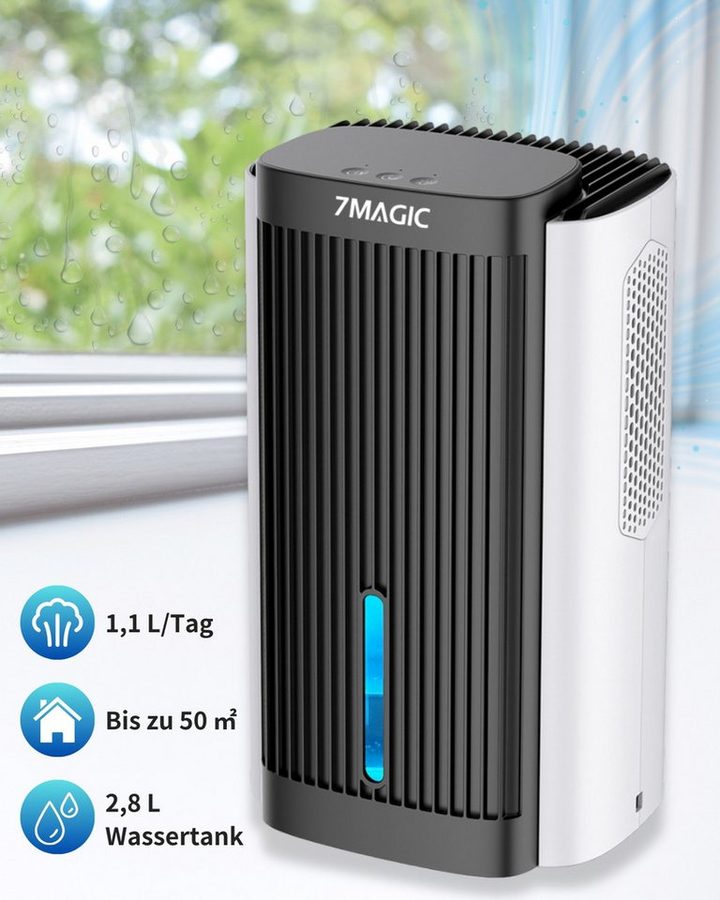7MAGIC Luftentfeuchter, für 50 m³ Räume, Entfeuchtung 1,10 l/Tag, Tank 2,80 l, Luftentfeuchter Elektrisch, Entfeuchter Leise, Schlafmodus, LED-Licht von 7MAGIC