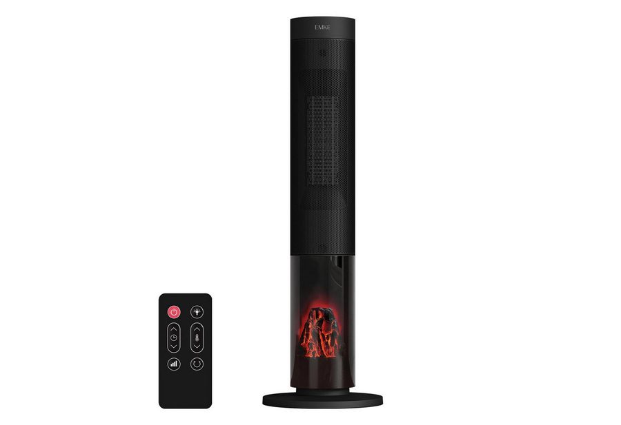EMKE Heizlüfter Turmheizer mit Thermostat, Oszillation simulierten Flammen 2000 W, Mobiler PTC-Heizer mit Fernbedienung, Timer und ECO-Funktion von EMKE