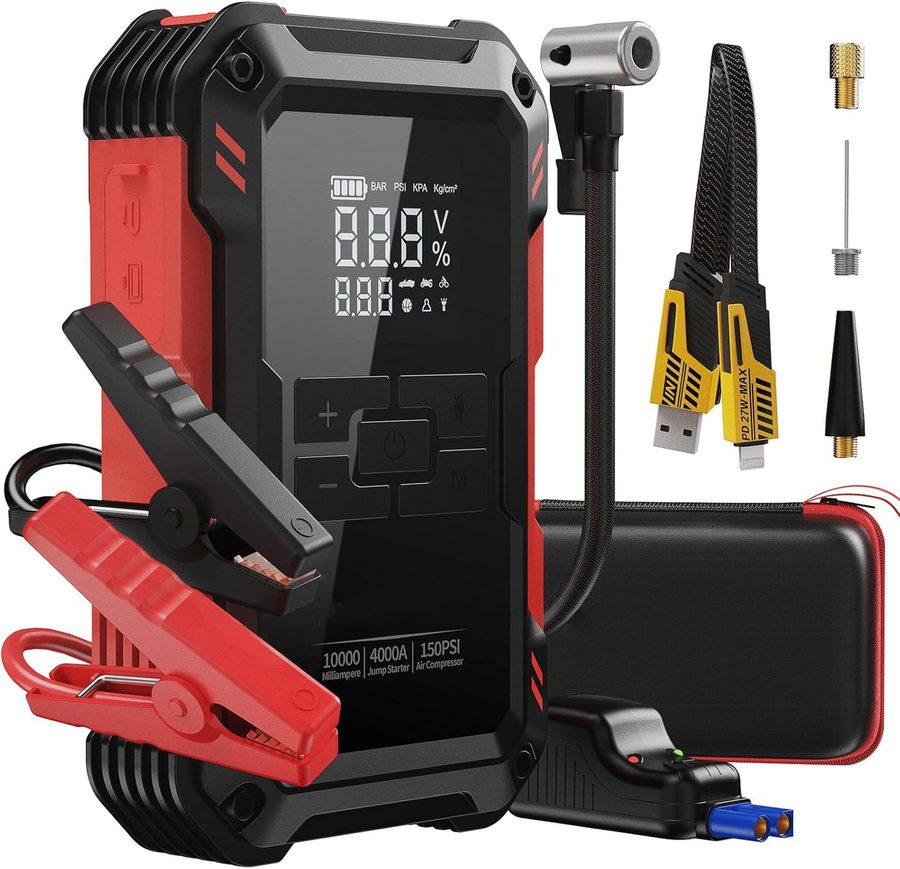 Forrlite Auto Starthilfe Powerbank 4000A 12V Starthilfegerät, 4-in-1 Autobatterie-Ladegerät (10000mAh Starthilfegerät mit 150PSI Kompressor & Smart-Klemmen, Starthilfe Powerbank Benzin bis 9,0L & Diesel bis 6,5L mit USB & DC, 12 Schutzmaßnahmen, Notfall-LED-Licht & LCD Display, -20°C bis 60°C) von Forrlite