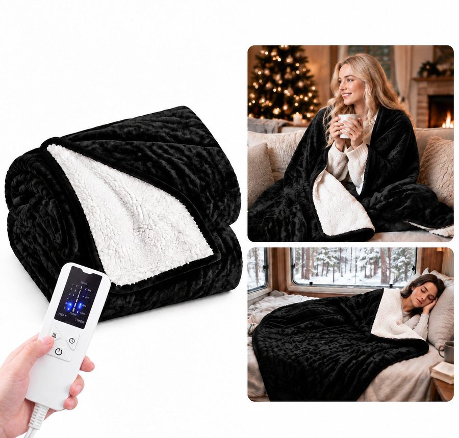 Ledklang Heizdecke Elektrisch Schwarz/Grau Überhitzungsschutz,Waschbare 200x180cm, für Bett, Sofa und Camping, 6-Stufen-Heizung & Zeitschaltuhr,Waschbar bei 30 °C von Ledklang