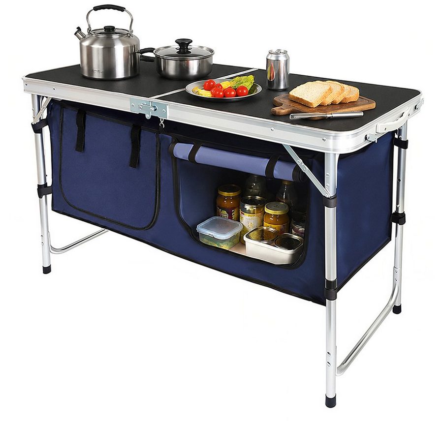 DAITORE Campingschrank Campingküche Faltbar, Leicht Campingschrank mit Aluminiumgestell Campingtisch Klappbar mit 2 Große Staufächer von DAITORE