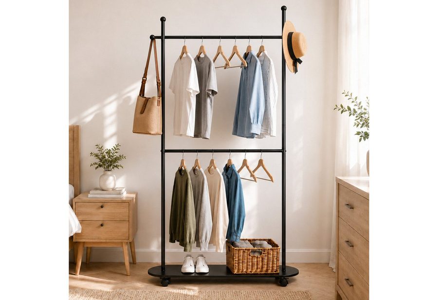 QUBEBU Garderobenständer Kleiderständer auf Rollen Standgarderobe mit 2 Kleiderstange Ablage, (Multifunktionale Garderobenstange Edelstahl Flurgarderobe mit 4 Haken, 1 St., Doppelstange Garderobe für Schlafzimmer, Wäscheraum, Balkon, Flur) von QUBEBU